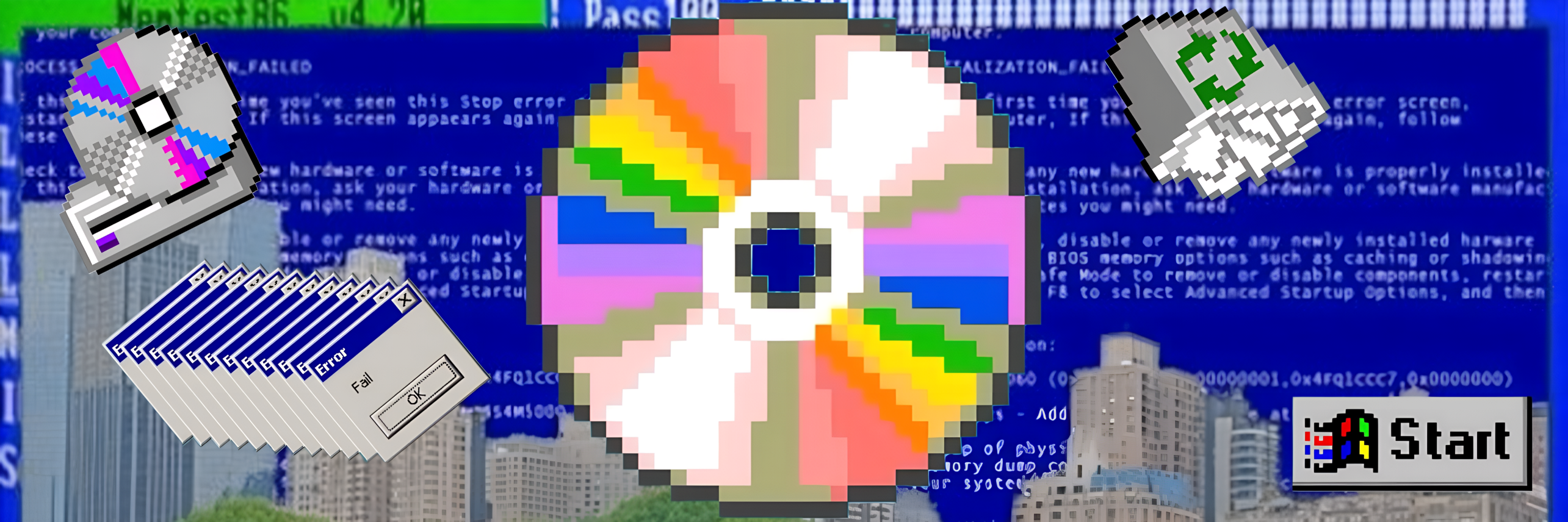 CDCOIN — Windows 95 blue screen with a giant rainbow CD